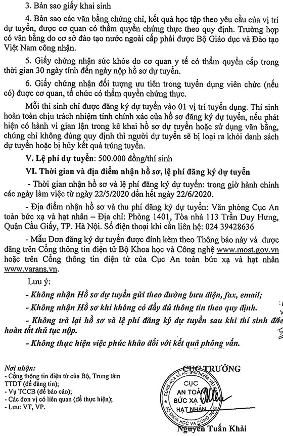 Cục An toàn bức xạ và hạt nhân, Bộ KH&CN tuyển dụng viên chức năm 2020