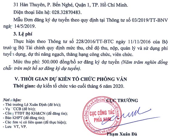Cục Công tác phía Nam tuyển dụng viên chức năm 2020