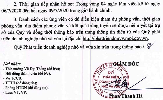 Quỹ Phát triển doanh nghiệp nhỏ và vừa tuyển dụng lao động hợp đồng năm 2020