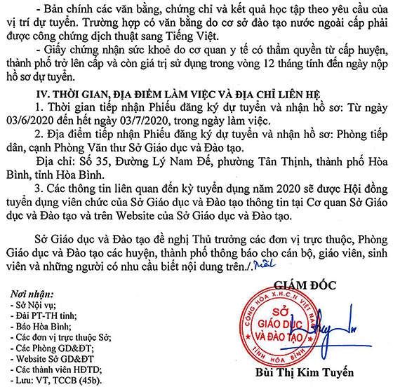 Sở Giáo dục và Đào tạo tỉnh Hòa Bình tuyển dụng viên chức năm 2020