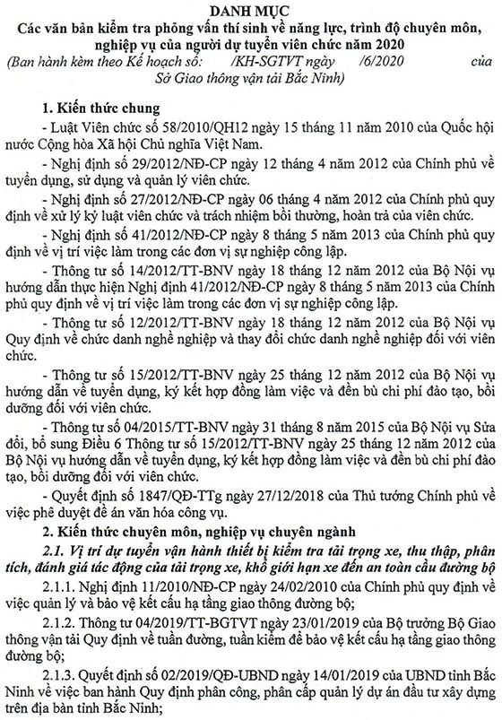 Sở Giao thông vận tải tỉnh Bắc Ninh tuyển dụng viên chức năm 2020