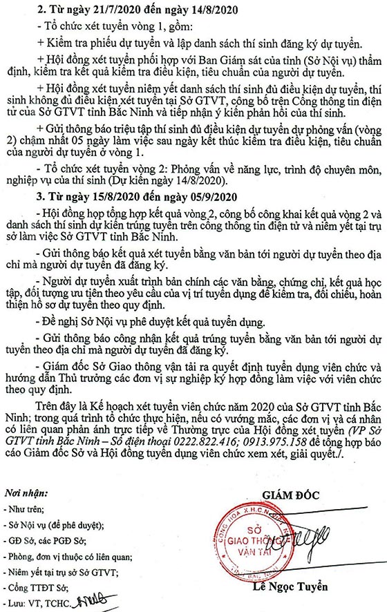Sở Giao thông vận tải tỉnh Bắc Ninh tuyển dụng viên chức năm 2020
