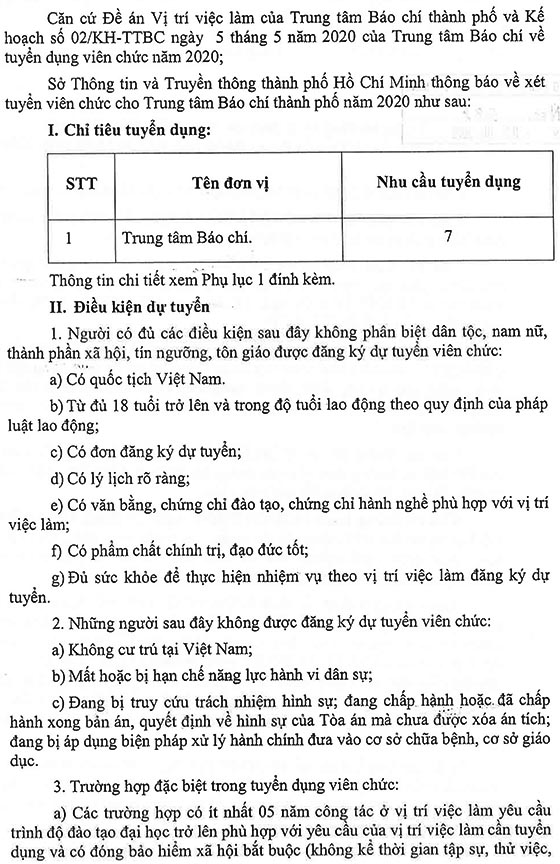 Sở Thông tin và Truyền thông TP.HCM xét tuyển viên chức năm 2020