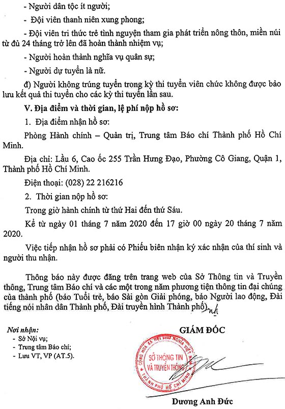 Sở Thông tin và Truyền thông TP.HCM xét tuyển viên chức năm 2020