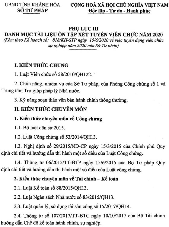 Sở Tư pháp Khánh Hòa tuyển dụng viên chức năm 2020