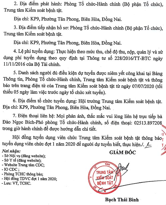 Trung tâm Kiểm soát bệnh tật tỉnh Đồng Nai tuyển dụng viên chức đợt 1 năm 2020