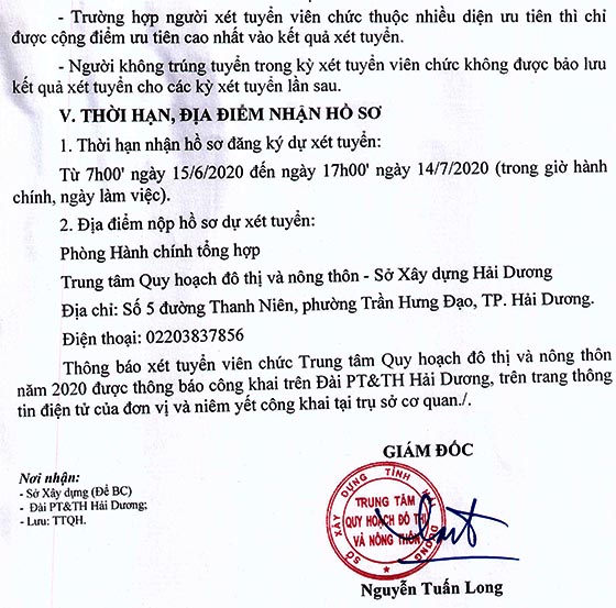 Trung tâm Quy hoạch Đô thị và Nông thôn Hải Dương tuyển dụng viên chức năm 2020