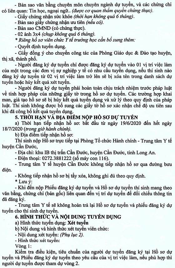 Trung tâm y tế huyện Cần Đước, Long An tuyển dụng viên chức năm 2020