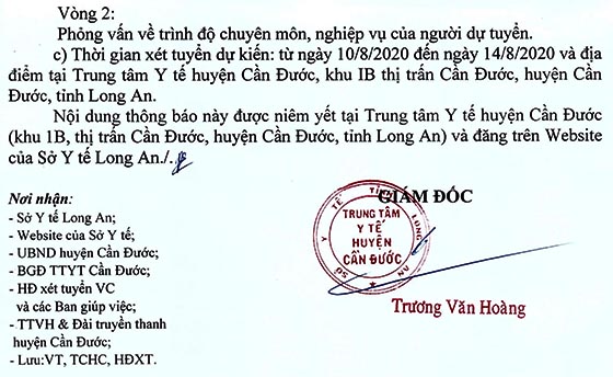 Trung tâm y tế huyện Cần Đước, Long An tuyển dụng viên chức năm 2020