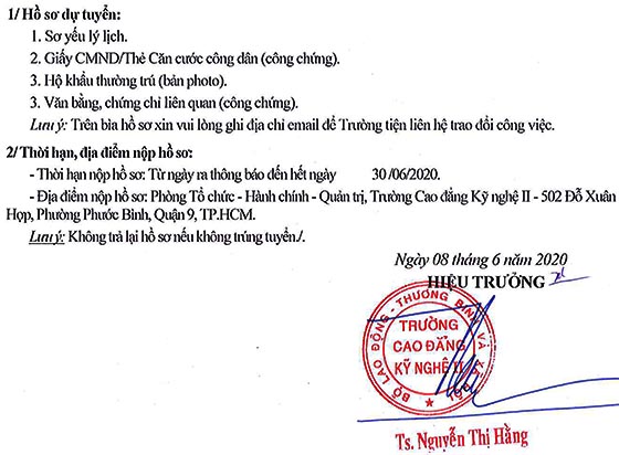 Trường Cao đẳng Kỹ nghệ II TP.HCM tuyển dụng giáo viên năm 2020