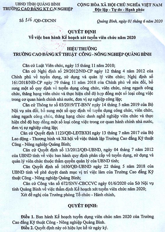 Trường Cao đẳng Kỹ thuật Công - Nông nghiệp Quảng Bình xét tuyển viên chức năm 2020