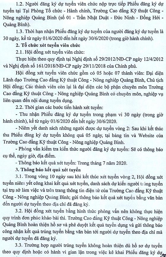 Trường Cao đẳng Kỹ thuật Công - Nông nghiệp Quảng Bình xét tuyển viên chức năm 2020