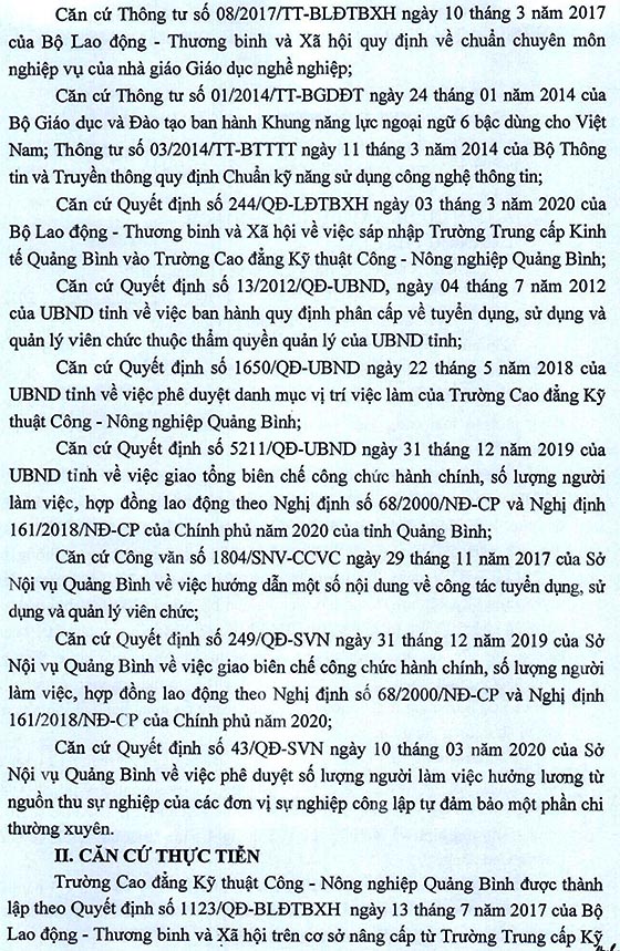 Trường Cao đẳng Kỹ thuật Công - Nông nghiệp Quảng Bình xét tuyển viên chức năm 2020