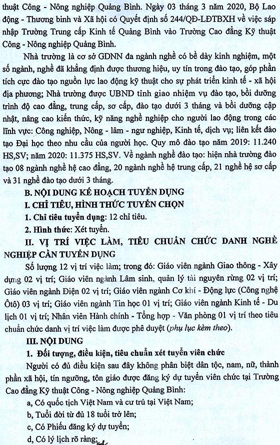 Trường Cao đẳng Kỹ thuật Công - Nông nghiệp Quảng Bình xét tuyển viên chức năm 2020