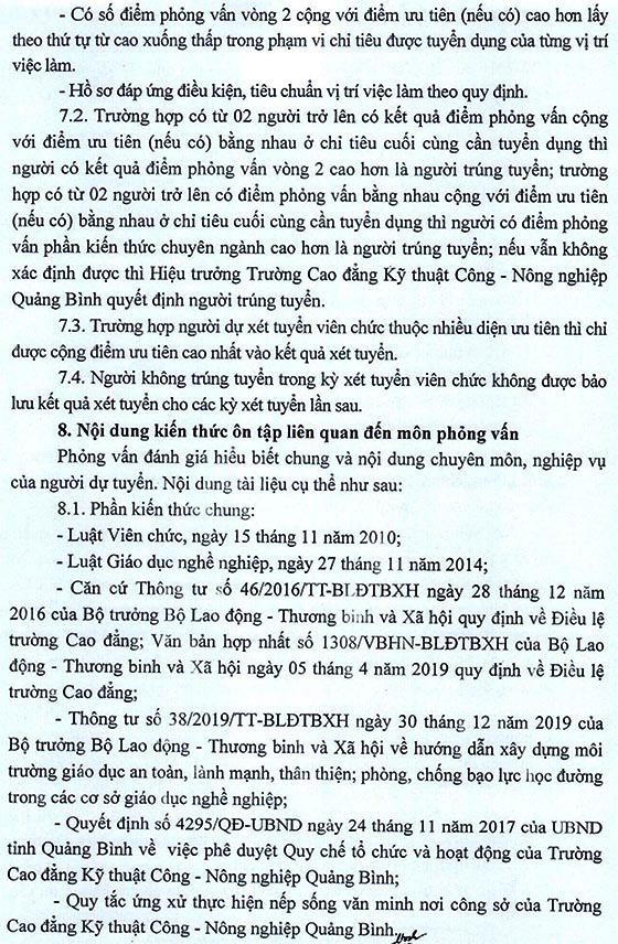 Trường Cao đẳng Kỹ thuật Công - Nông nghiệp Quảng Bình xét tuyển viên chức năm 2020