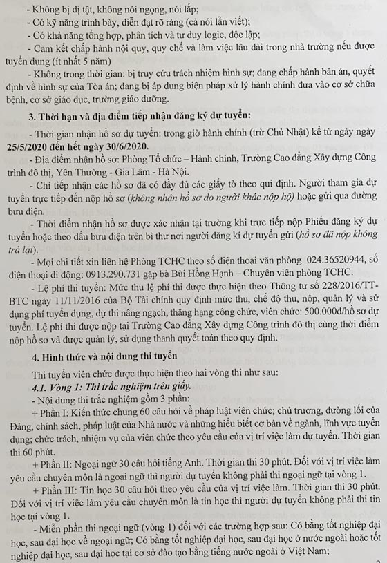 Trường Cao đẳng Xây dựng Công trình Đô thị tuyển dụng năm 2020