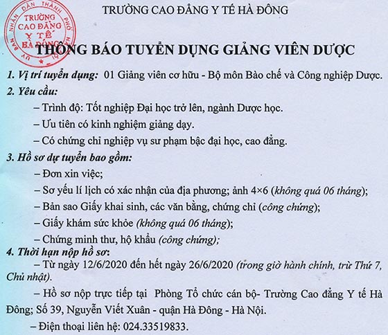 Trường Cao đẳng Y tế Hà Đông tuyển dụng giảng viên dược năm 2020