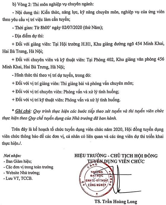 Trường Đại học Kinh tế - Kỹ thuật Công nghiệp thông báo kế hoạch tuyển dụng viên chức năm 2020
