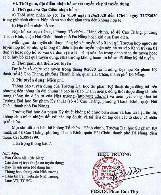 Trường Đại học Sư phạm Kỹ thuật - ĐH Đà Nẵng tuyển dụng viên chức năm 2020
