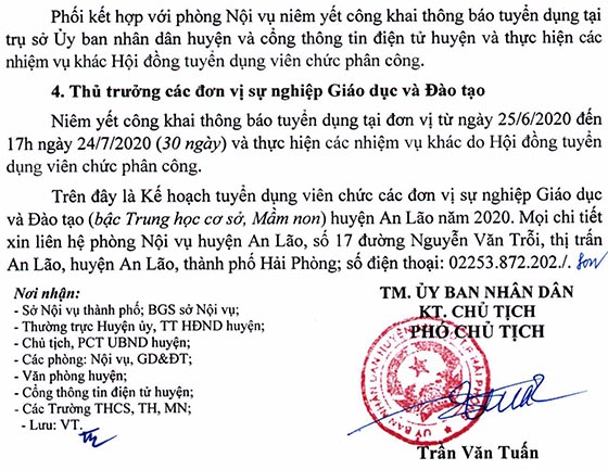 UBND huyện An Lão, TP.Hải Phòng tuyển dụng giáo viên năm 2020