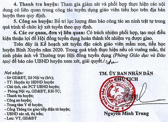 UBND huyện Bình Xuyên, Vĩnh Phúc tuyển dụng đặc cách giáo viên năm 2020