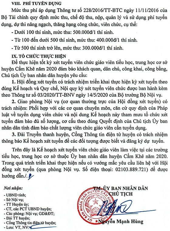 UBND huyện Cẩm Khê, Phú Thọ tuyển dụng giáo viên năm 2020