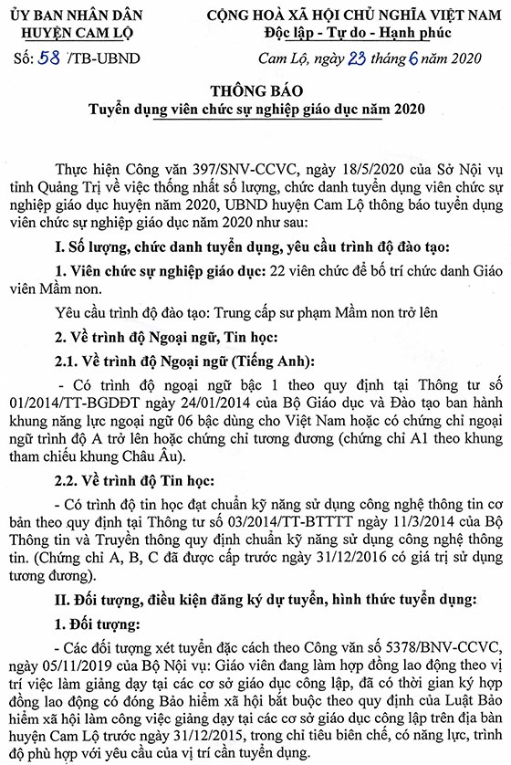 UBND huyện Cam Lộ, Quảng Trị tuyển dụng giáo viên mầm non năm 2020