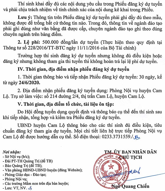 UBND huyện Cam Lộ, Quảng Trị tuyển dụng giáo viên mầm non năm 2020