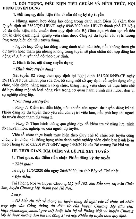 UBND huyện Chương Mỹ, Hà Nội tuyển dụng giáo viên năm 2020