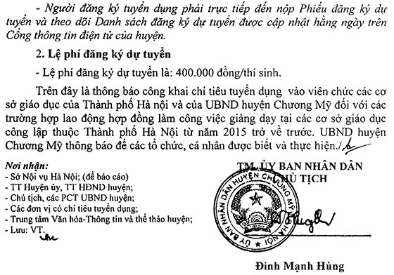 UBND huyện Chương Mỹ, Hà Nội tuyển dụng giáo viên năm 2020