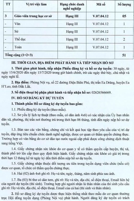 UBND huyện Ea H’Leo, Đắk Lắk tuyển dụng giáo viên năm 2020
