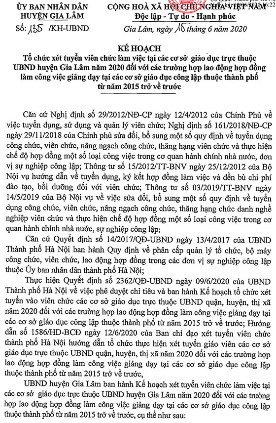 UBND huyện Gia Lâm, Hà Nội tuyển dụng giáo viên năm 2020