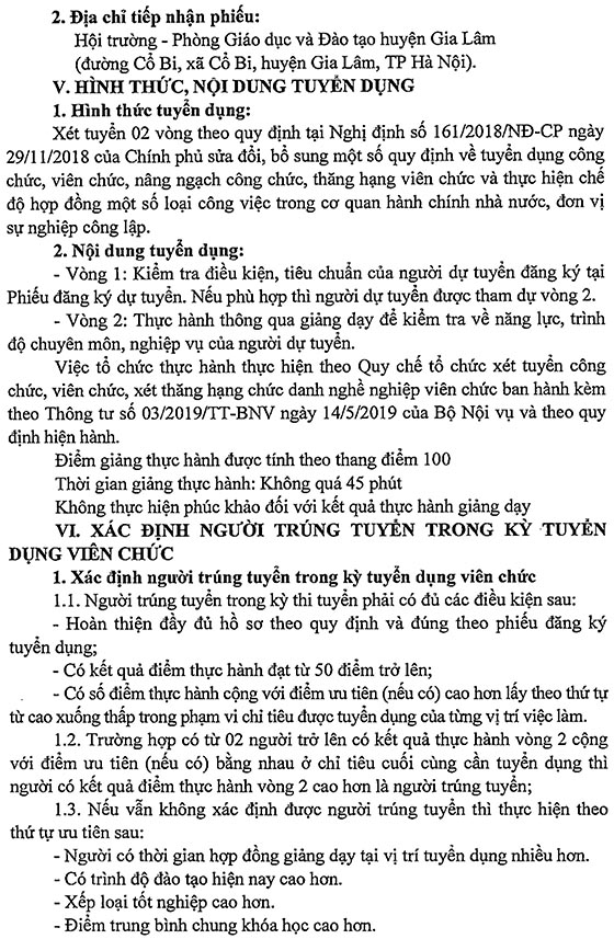 UBND huyện Gia Lâm, Hà Nội tuyển dụng giáo viên năm 2020