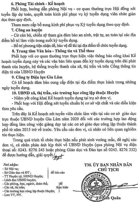 UBND huyện Gia Lâm, Hà Nội tuyển dụng giáo viên năm 2020