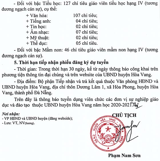 UBND huyện Hòa Vang, TP.Đà Nẵng tuyển dụng giáo viên năm học 2020-2021