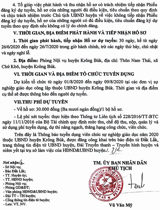 UBND huyện Krông Búk, Đắk Lắk tuyển dụng viên chức giáo dục năm 2020