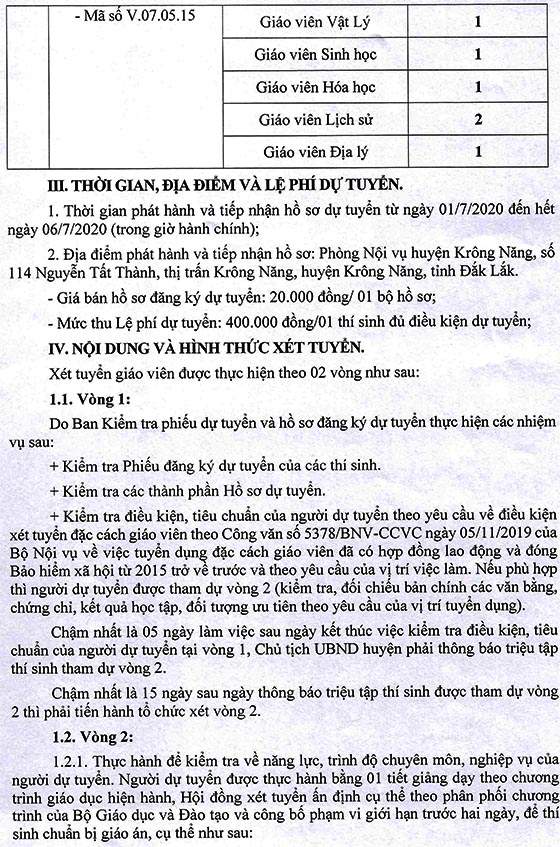 UBND huyện Krông Năng, Đắk Lắk tuyển dụng đặc cách giáo viên năm 2020