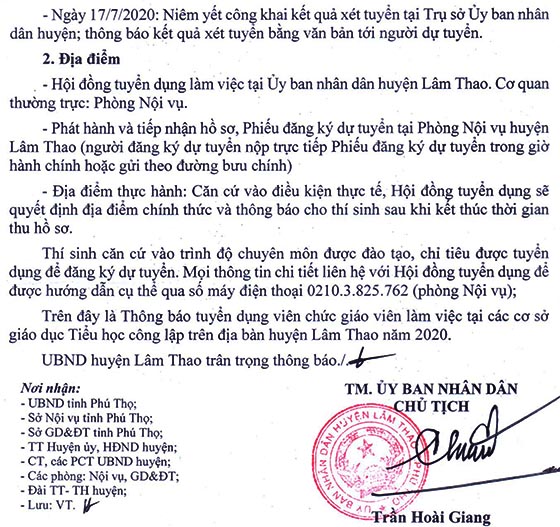 UBND huyện Lâm Thao, Phú Thọ tuyển dụng giáo viên năm 2020