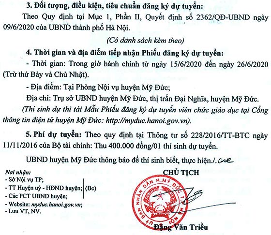 UBND huyện Mỹ Đức, Hà Nội tuyển dụng giáo viên năm 2020