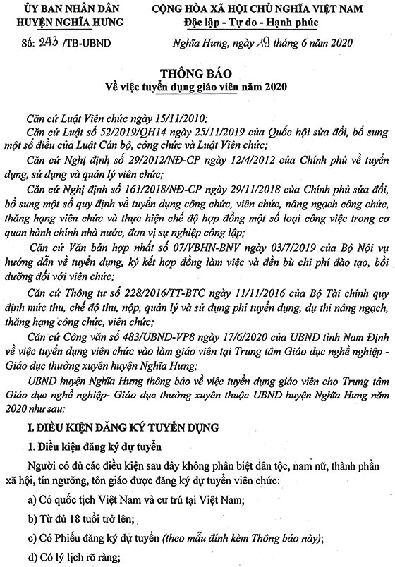 UBND huyện Nghĩa Hưng, Nam Định tuyển dụng giáo viên năm 2020