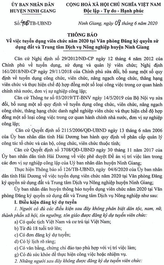 UBND huyện Ninh Giang, Hải Dương tuyển dụng viên chức năm 2020