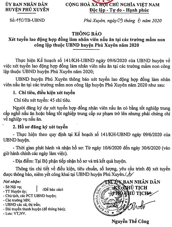 UBND huyện Phú Xuyên, Hà Nội tuyển dụng nhân sự trường mầm non năm 2020