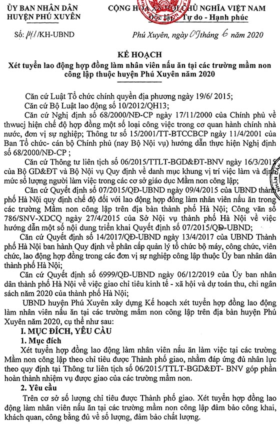 UBND huyện Phú Xuyên, Hà Nội tuyển dụng nhân sự trường mầm non năm 2020