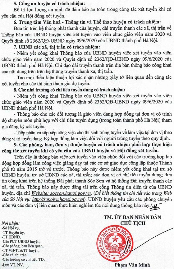 UBND huyện Sóc Sơn, Hà Nội tuyển dụng giáo viên năm 2020