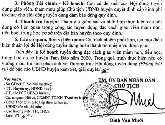 UBND huyện Tam Đảo, Vĩnh Phúc tuyển dụng đặc cách giáo viên năm 2020