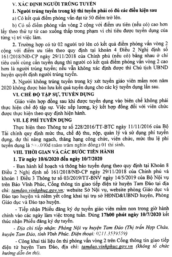 UBND huyện Tam Đảo, Vĩnh Phúc tuyển dụng giáo viên mầm non năm 2020
