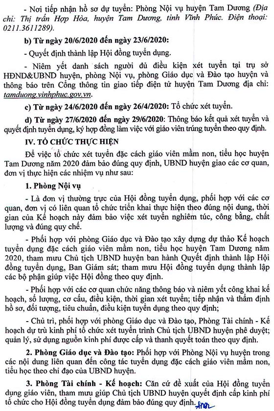 UBND huyện Tam Dương tuyển dụng đặc cách giáo viên năm 2020