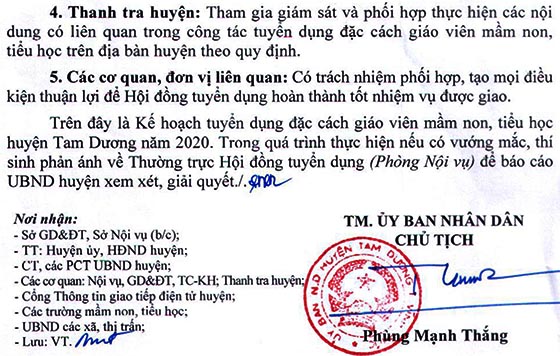 UBND huyện Tam Dương tuyển dụng đặc cách giáo viên năm 2020