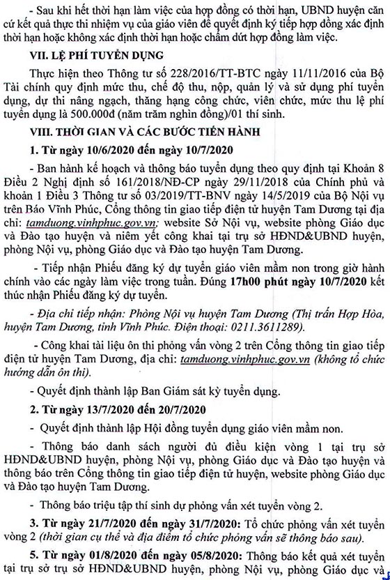 UBND huyện Tam Dương tuyển dụng giáo viên mầm non năm 2020