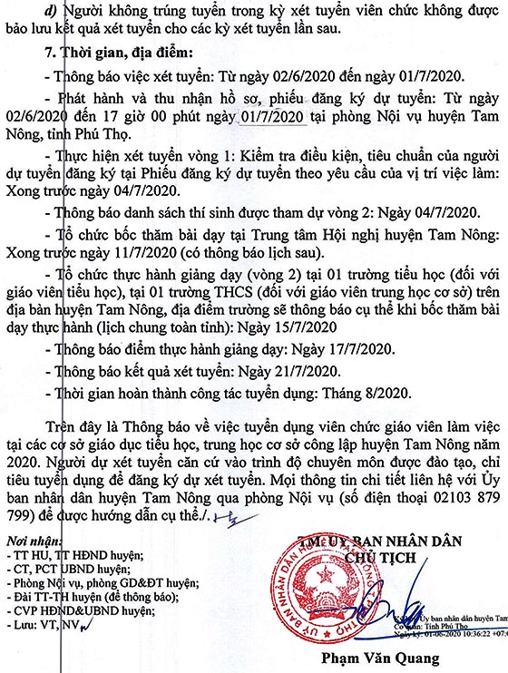 UBND huyện Tam Nông, Phú Thọ tuyển dụng giáo viên năm 2020